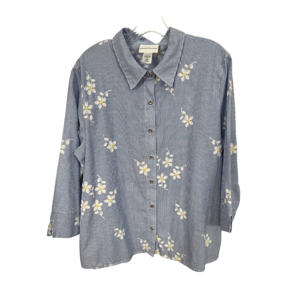 Alfred Dunner Women’s Size L Blue Striped Button-Front Shirt with Embroidered Da